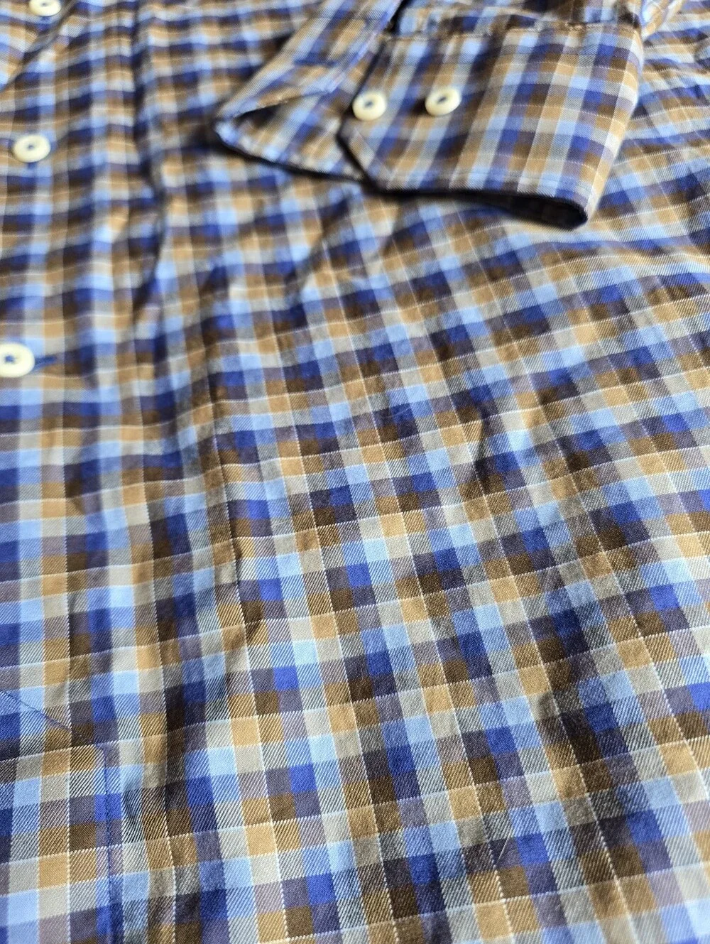 David Donahue Men's Size L Cotton Plaid Button Up Dress Shirt Blue Gold Khaki